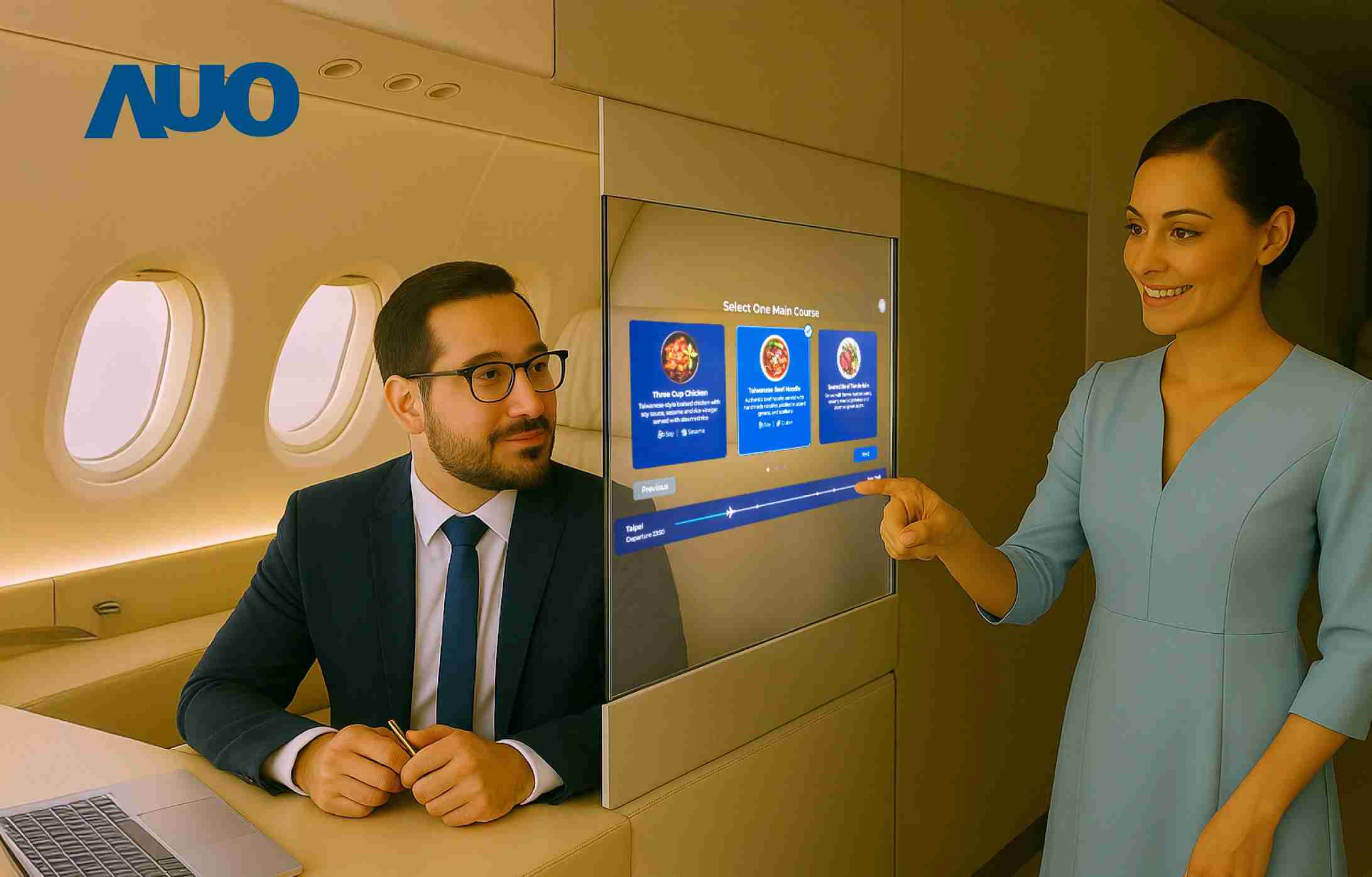 万利研发全球最薄17.3 吋双面透明 Micro LED 显示器，，，，可在同一屏幕之双边投射不同信息，，创造独特的”透明化”互动；图为实时翻译交流应用情境